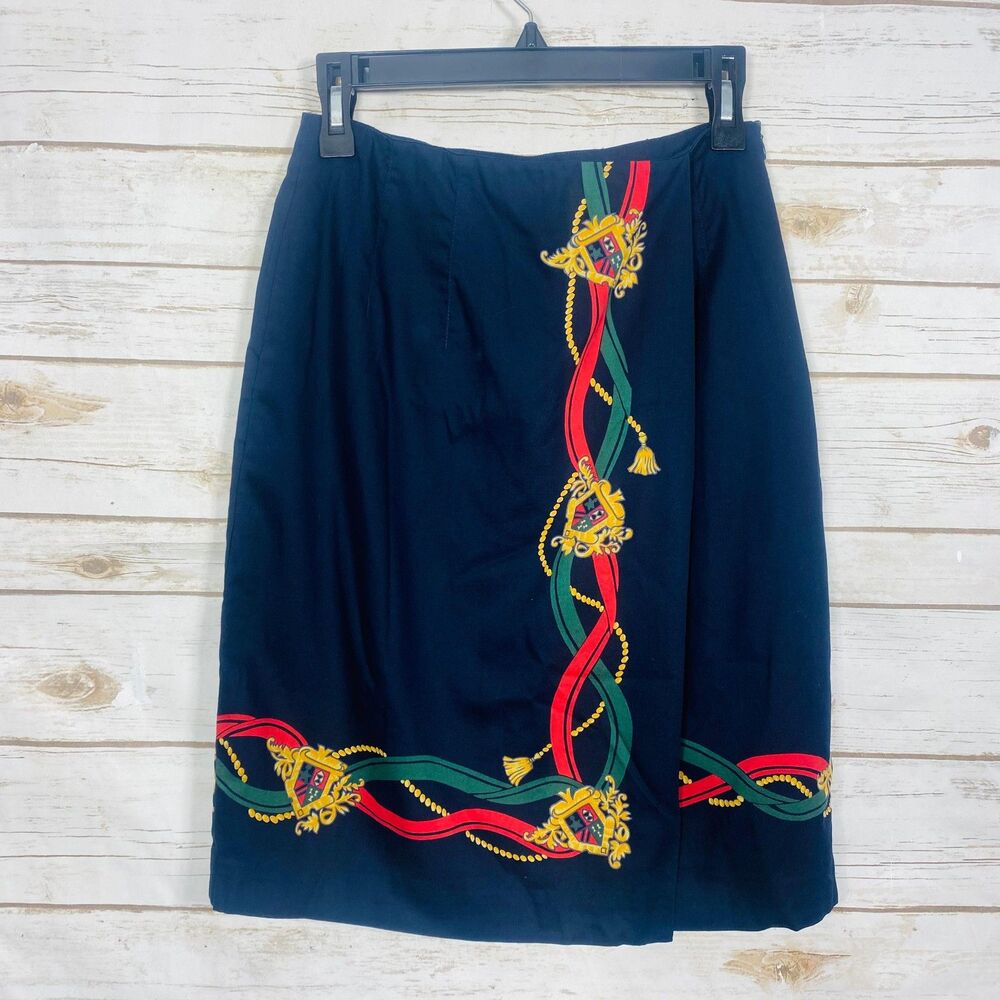 Talbots Women Skirt 10 Navy Blue Heraldic Crest Equestrian Ribbon Print Side Zip